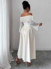 Modelyn Váy chữ A hở vai phối ren màu mơ cỡ lớn thanh lịch dành cho nữ - Màu be - Xem 2