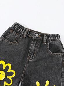 SHEIN Explorewe Tween Girl Graffiti Ripped Wide Leg Jeans, Loose Cute Straight Leg Pants - Dark Grey - View 4