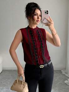 Elenzga Chemise noire ajustée pour femmes avec décoration en dentelle sans manches, taille standard - Rouge foncé - Voir 5