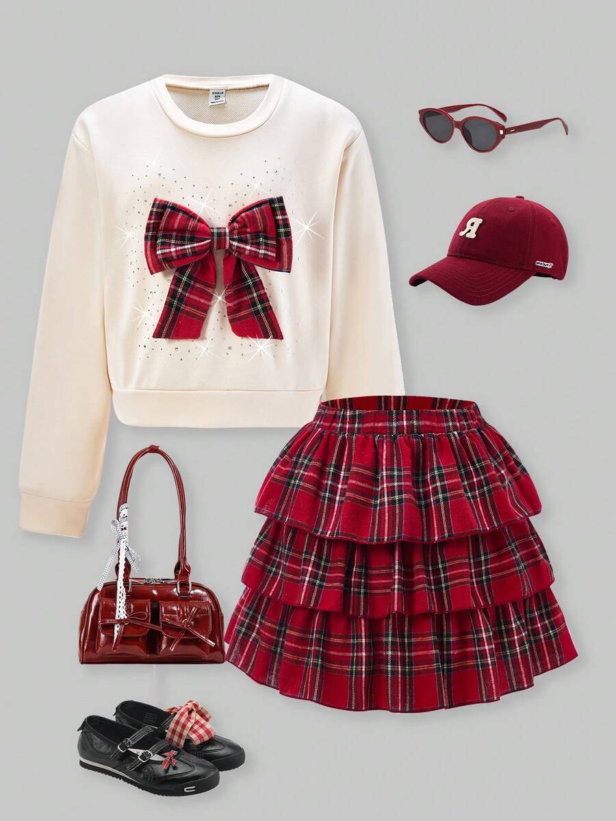 SHEIN ChillGRL 2pcs/Set Tween GirlsCasual Graphic Tee & Printed Pants With Bag, Fashion Outfit For Young Ladies - Red - View 1