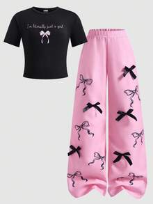 SHEIN ChillGRL Tween Girls Printed Round Neck Short Sleeve Top & Bow Decor Long Pants 2-Piece Set