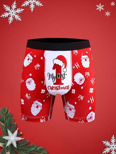 Happy Jammies Christmas Funny Print Cartoon Quirky Santa Claus, Gift Box, Candy Cane, Bells, Snowflakes, Snowman, Family Party Men's Mid-Length Boxer Briefs