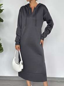SHEIN LUNE 女士连帽抽绳卫衣连衣裙，纯色长袖口袋休闲宽松侧开衩连衣裙，适合秋冬季穿着 - 深灰色 - 查看 4
