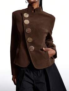 LYSMO New Minimalist Women Winter Metal Single-Breasted Stand Collar Long Sleeve Fashion Jacket, Brown - Coffee Brown - View 4