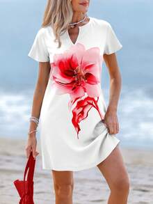 Sylviya Casual Floral Pattern V-Neck Short Dress For Women, Suitable For Spring/Summer Chic Dress - White - View 4