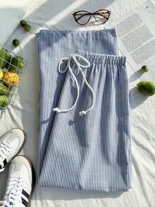 Comfortcana Plus Size Casual Loose Striped Drawstring Waist Pants - Navy Blue - View 7