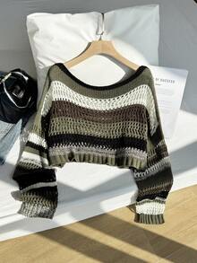 Comfortcana Plus Size Colorblock Striped Hollow Out Cropped Knit Sweater Winter Fall Autumn - Multicolor - View 5