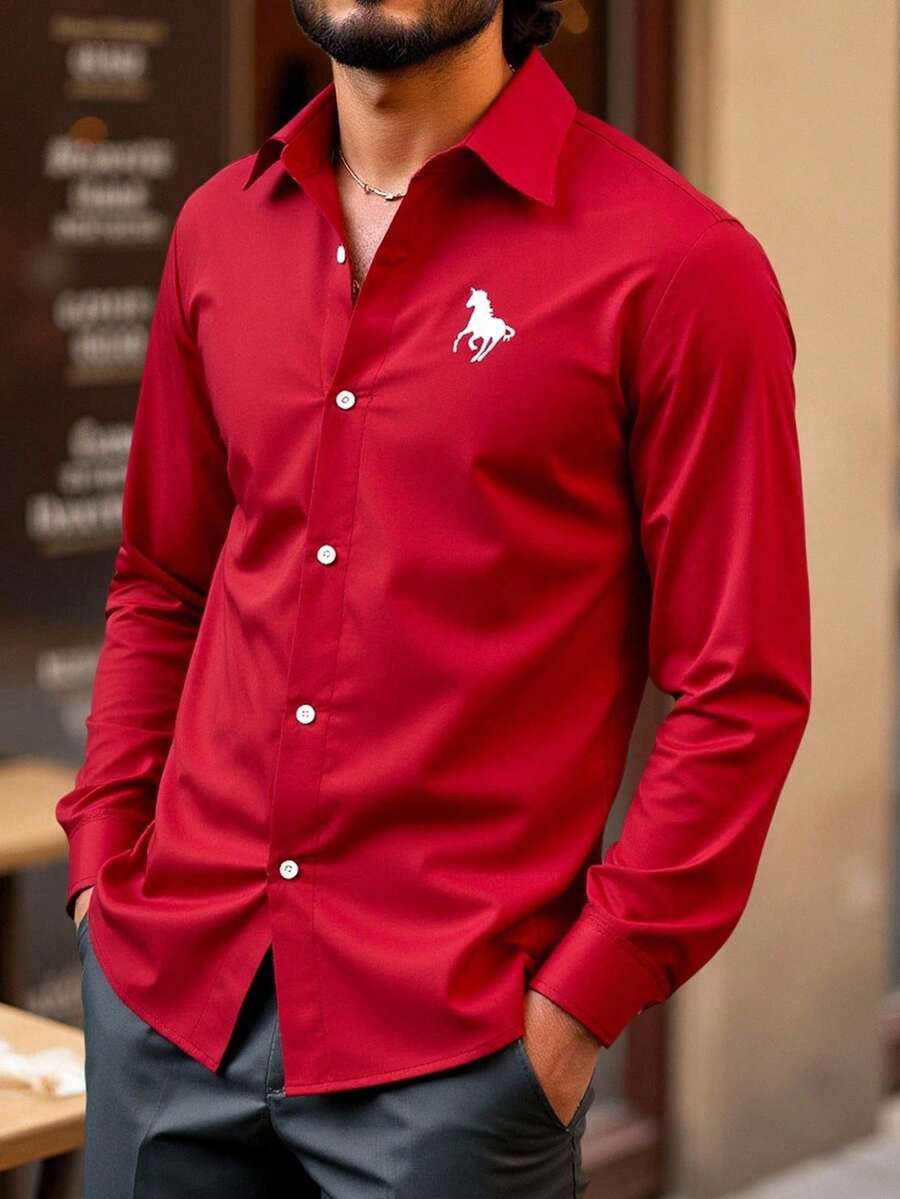 Manfinity VCAY Men's Embroidered Solid Color Regular Fit Long Sleeve Casual Button-Up Shirt Elf - Red - View 1