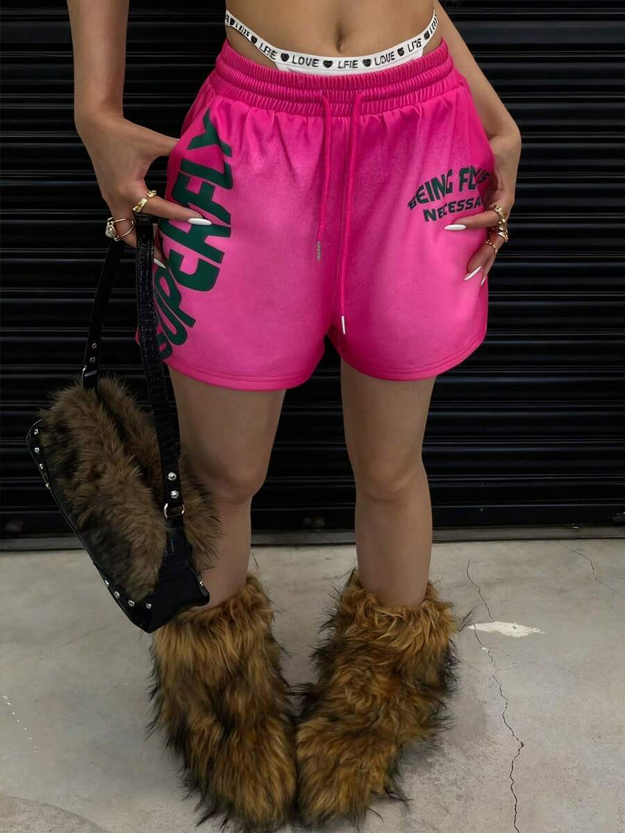 Rovax Summer Casual Letter Print Drawstring Waist Shorts - Pink - View 1