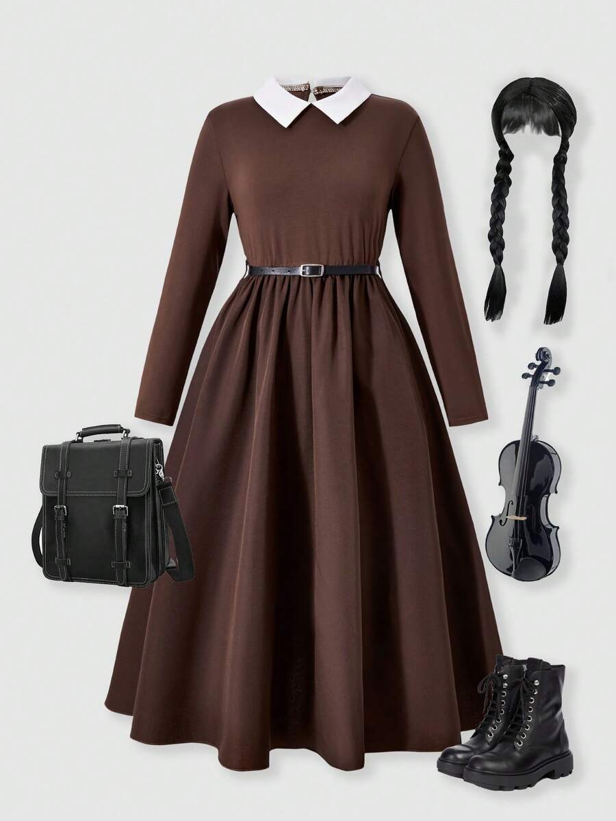 SHEIN ChillGRL Gaun Gaya Preppy Lengan Panjang Berlipit dengan Kerah Warna Kontras untuk Anak Perempuan Remaja - Mocha Brown - View 1