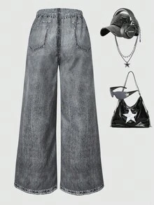 SHEIN ChillGRL 青少年女孩宽松仿牛仔印花阔腿裤，适合休闲、度假、街头风格和派对