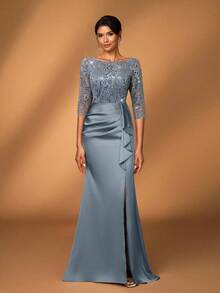 Serin 优雅奢华的刺绣亮片蕾丝缎面薄纱长袖鱼尾开衩连衣裙，适合婚礼、派对、度假、盛大晚宴、晚间活动、新娘母亲、情人节等场合。 - 灰色 - 查看 7