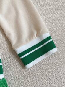 Joliand Joliand 1pc Tween Girls Elegant School-Style Casual Urban Green & White Striped Decor V-Neck Light Khaki Mock Neck Long Sleeve Patchwork Green Ribbed Knit Dress, Suitable For Outings, Sports, Back To School, Autumn/Winter,Fall Outfits,Fall Clothes For Kids,Winter Clothes ,Winter Clothes For Kid,ElegantCasual - Multicolor - View 8