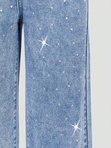 SHEIN ChillGRL Tween Girls Y2K Style Shiny Rhinestone Light Blue Denim Color Casual Loose Wide Leg Washed Jeans - Light Wash - View 4