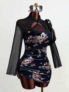 Mistrie 女士中国龙纹撞色网纱长袖纽扣设计复古丝绒连衣裙 - 藍色 - 查看 5