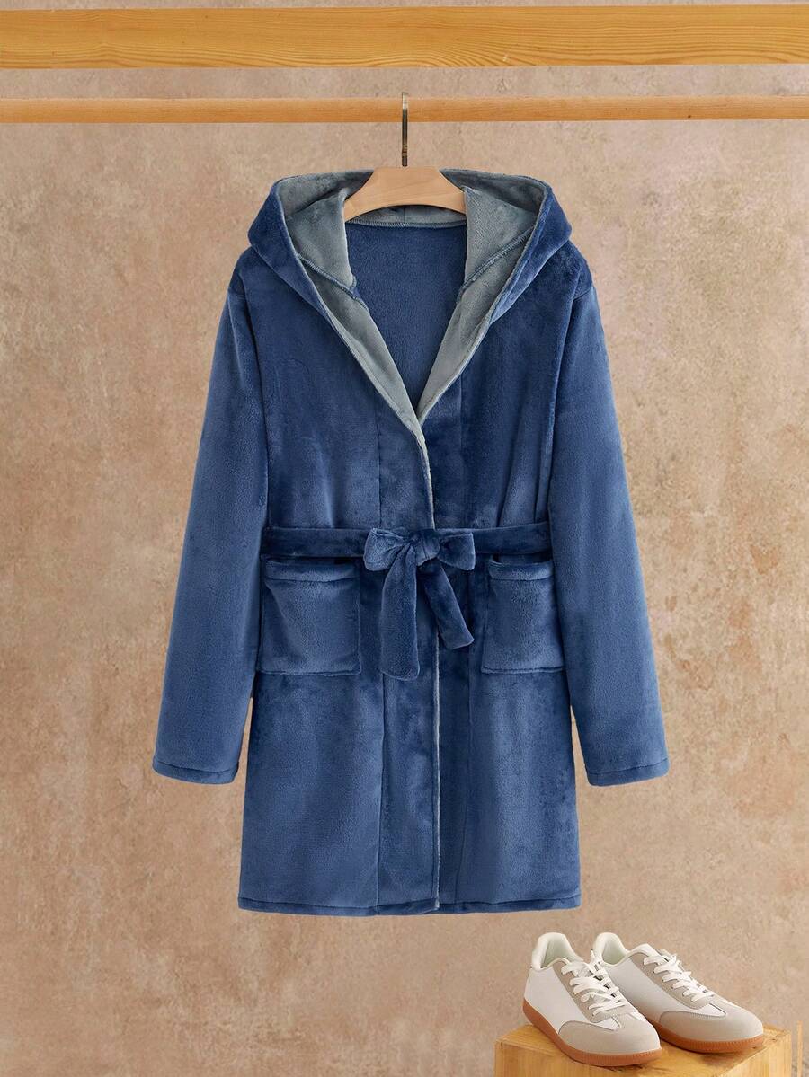 HIMLAND 男士纯色长袖口袋抓绒连帽睡袍