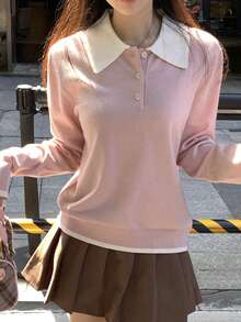 DAZY 女士撞色宽松翻领长袖休闲针织衫，秋冬季 - 粉色 - 查看 5