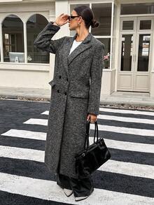 SHEIN Tall Women's Herringbone Pattern Lapel Collar Long Sleeve Long Overcoat, Autumn/Winter,Fall - Grey - View 7