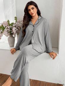 SHEIN Doze Lane 大码女式浅灰色荷叶边经典宽松翻领开襟针织面料休闲长袖上衣和裤子睡衣套装，冬季服装 - 淺灰色 - 查看 5