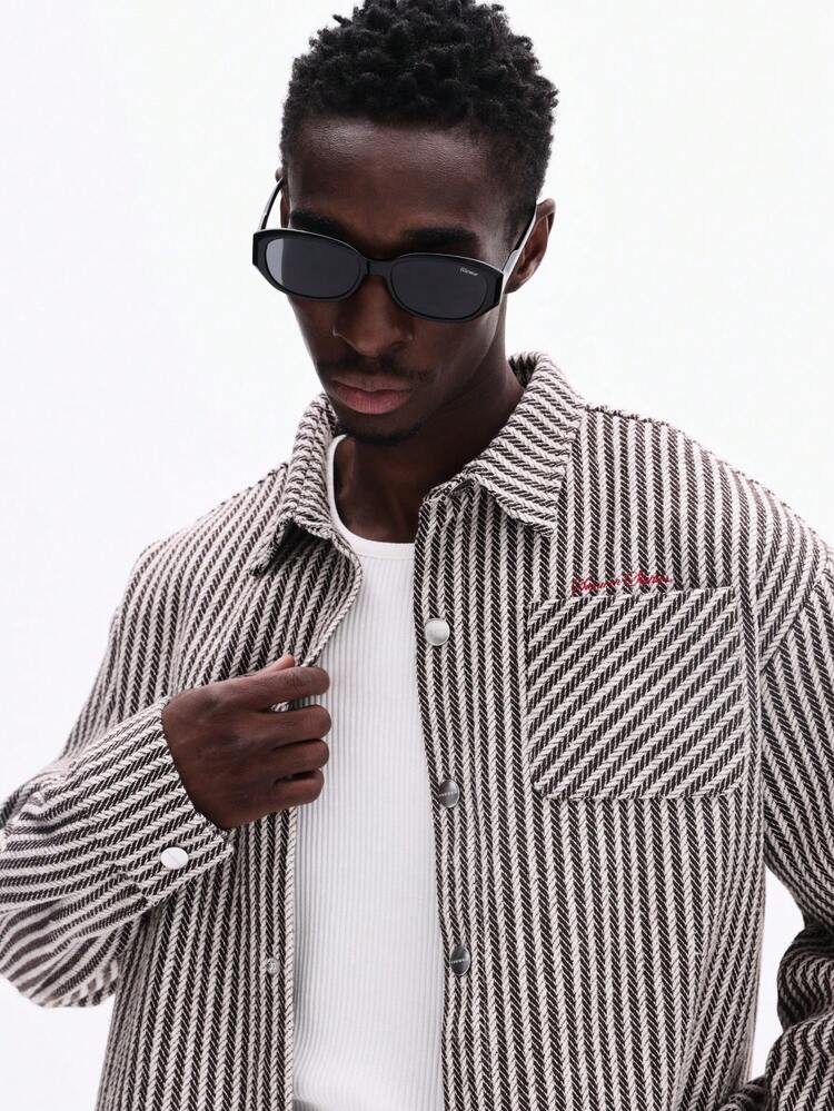 Boxy Fit Long Sleeve Textured Stripe Over Shirt