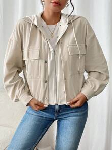 SHEIN Frenchy Women's Patchwork 2 In 1 Fleece Hoodie Jacket,For Autumn & Winter,Fall Outfits,Commute,Minimalist,Office,Old Money,Simple,Prom Ball/Uni/Halloween/Patterned Sweater/Patch/Schoolwear For Women/Halloween Sweater/Essentials/Christmas/Women's Office Attire/Basic/Cute. Casual - Apricot - View 3