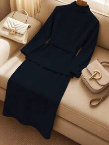 GlowEve CURVE 大码女装畅销纯色翻领长袖优雅女士套装，半身裙和西装外套两件套 - 藏蓝色 - 查看 2