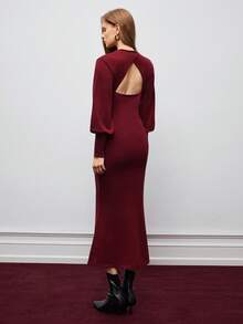 Maija 女士优雅纯色露背修身针织连衣裙，秋冬 - 紅色 - 查看 6