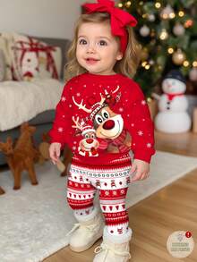 Baby Girl Christmas Outfit Red Autumn Funny Graphic Matching Family Cartoon Reindeer Pattern Fun Fair Isle Soft Thick Sweatshirt And Leggings 2pcs Set - Multicolor - View 1