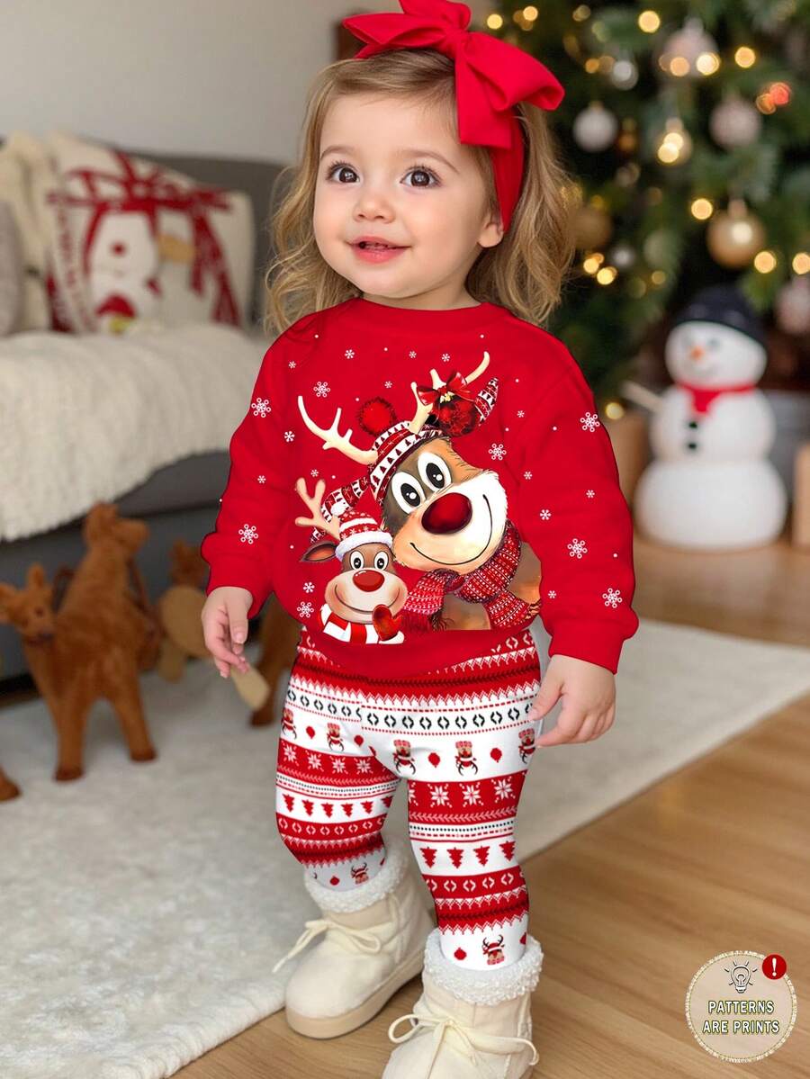 Baby Girl Christmas Outfit Red Autumn Funny Graphic Matching Family Cartoon Reindeer Pattern Fun Fair Isle Soft Thick Sweatshirt And Leggings 2pcs Set - Multicolor - View 1