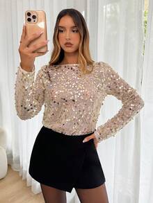 Siren Gaze Women's Sequin Boat Neck Long Sleeve Loose Top,Sparkly Gold Bling Top,New Year Elegant Party,Polka Dot Black And White,Autumn,Seductive,Night Out - Silver - View 5
