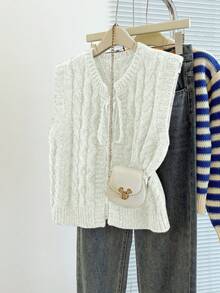 Franclia 女士秋冬新款针织背心，系带设计，优雅学院风，独特显瘦优雅，优质柔软休闲百搭，具有抗衰老功效。 - 杏色 - 查看 3