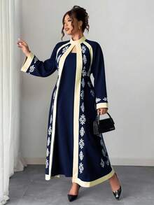 Rometta 大码女式优雅度假风印花高领喇叭袖修身连衣裙（忧郁气质）（周三美学） - 彩色 - 查看 3