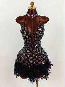 Y2K Amplova Deep V-Neck Halter Sequin & Furry Patchwork Bodycon Mini Dress - Multicolor - View 3