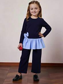 PrepCrw 2pcs Young Girls Elegant Urban School Style Outfit, Featuring Contrast Bow Accent Crew Neck Sweatshirt And Pants Set In Light Blue And Navy, Suitable For Back To School, Casual Outings, Gatherings, Holidays, Autumn And Winter,Judy Hopps Costume Kids Girl Navy Color Block T Shirt And Pants Set Matching Sets For Girls Blue Kids Outfit - Navy Blue - View 9