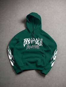 Manfinity EMRG Men's Letter Print Long Sleeve Pocket Drawstring Hoodie Sweatshirt Graphic Hoodies Street Wear Dark Green Hoodie Graphic Hoodie Grunge Hoodie