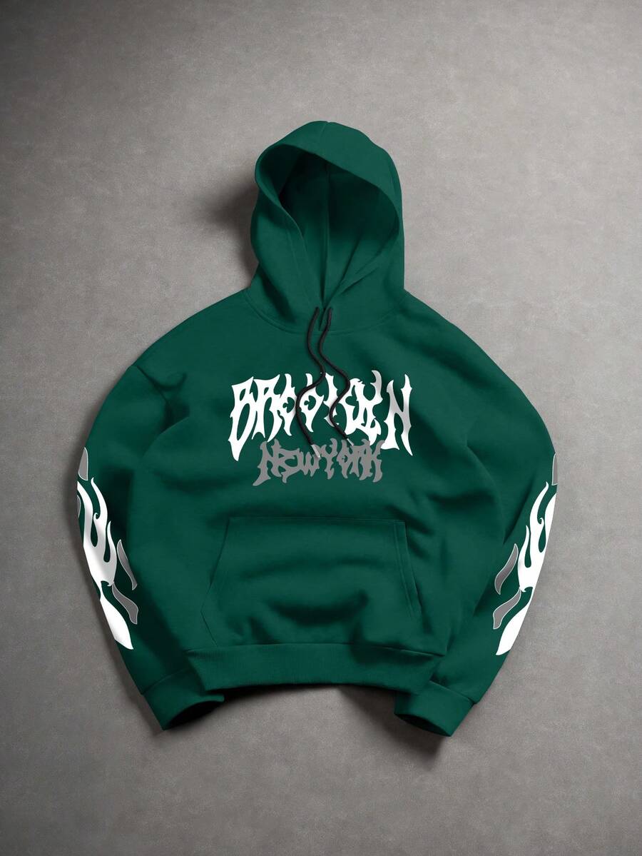 Manfinity EMRG Men's Letter Print Long Sleeve Pocket Drawstring Hoodie Sweatshirt Graphic Hoodies Street Wear Dark Green Hoodie Graphic Hoodie Grunge Hoodie