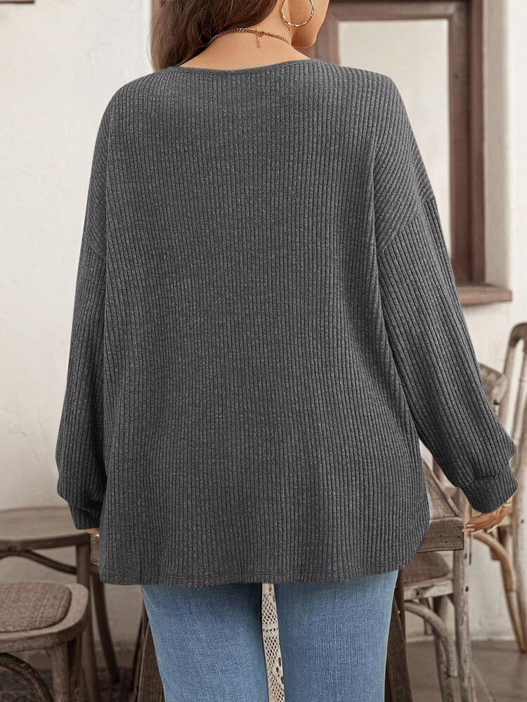 Camiseta de manga larga de punto acanalado de unicolor para mujer de talla grande