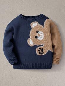 SHEIN Young Boy Casual Bear Pattern Sweater, Autumn/Winter - Navy Blue - View 2