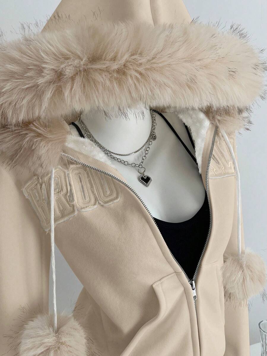 Elamini Women's Jacket, Winter Apricot Fleece Hoodie, Faux Fur Patchwork Contrast Color, Fur Collar, Embroidered Pockets - Apricot - View 1