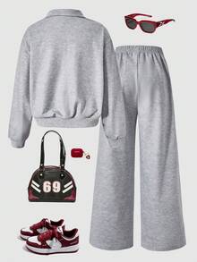 SHEIN Explorewe Tween Girls 2 Pieces Casual Set,Letter Print Stand Collar Sweatshirt & Pants,Light Grey,Autumn,School,Back-To-School,Sports Daily Wear Spring Outfit - Grey - View 2