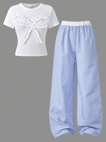 SHEIN ChillGRL Spring & Summer Teen Girls " ME" Sweet Cute Design Ruffle Bow Round Neck Short T-Shirt Paired With Contrast Color Block Striped Wide Leg Pants 2 Pieces Set, Suitable For Daily, Commuting, Hangout With Friends, Holiday Outfit Summer Holiday - Blue and White - View 3
