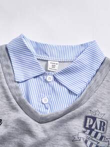 SHEIN ChillGRL 2件套秋冬少女宽松休闲拼接撞色二合一衬衫式V领短款卫衣搭配宽松休闲阔腿撞色拼接裤套装，适合日常、通勤、休闲、度假、聚会、街拍等场合。 - 淺灰色 - 查看 3
