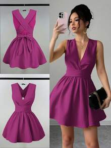 Franclia 女士浪漫优雅性感婚礼宾客纯色交叉 V 领无袖 A 字迷你连衣裙，演唱会服装百搭设计，适合海滩、派对、春夏口袋晚礼服露背奶油黄短裙 - 紫色 - 查看 6