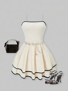 SHEIN ChillGRL 少女优雅舒适的露肩褶皱紧身连衣裙，适合春夏季聚会和派对 - 杏色 - 查看 1