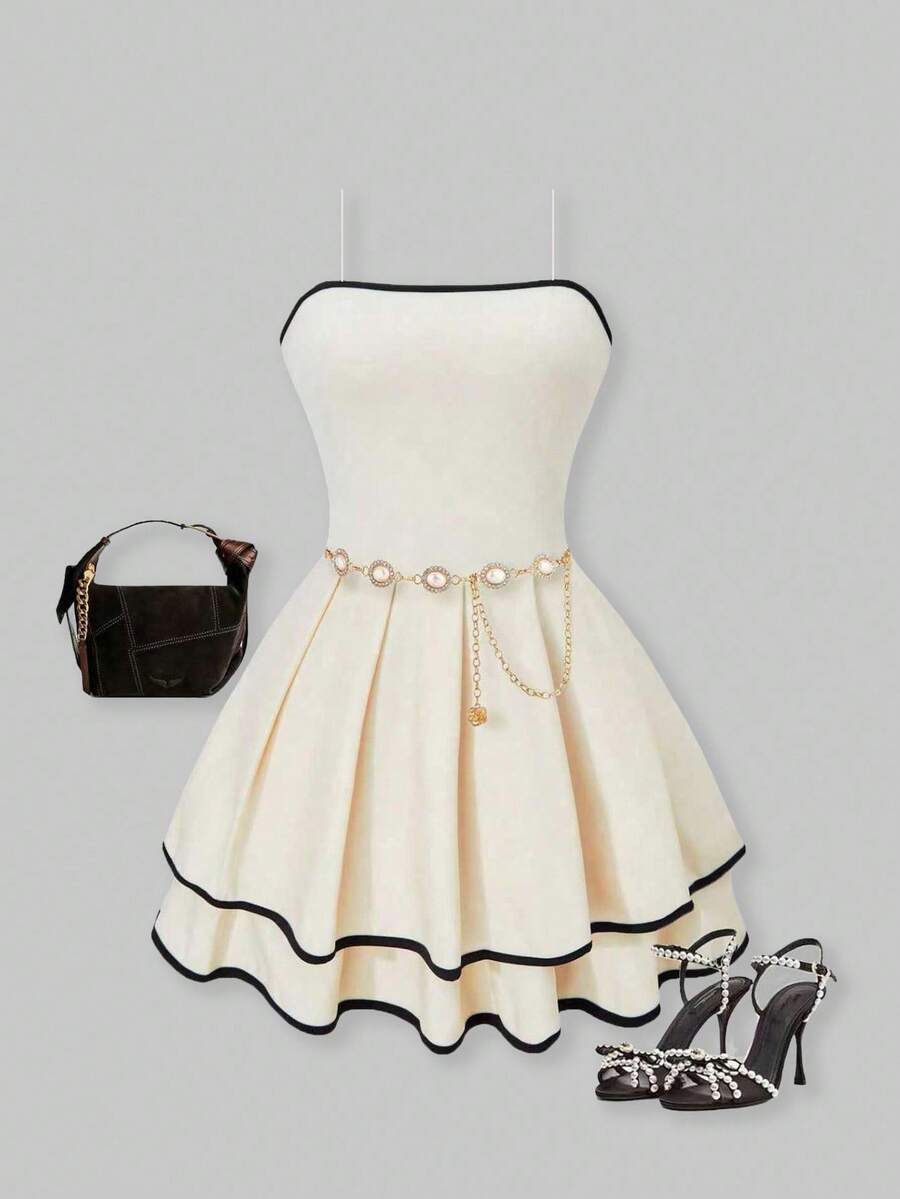 SHEIN ChillGRL 少女优雅舒适的露肩褶皱紧身连衣裙，适合春夏季聚会和派对 - 杏色 - 查看 1