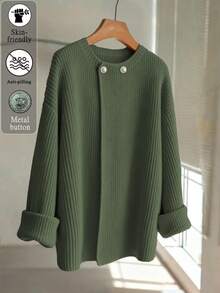 GlowEve CURVE 大码女式金属纽扣装饰纯色针织开衫，休闲百搭，适合圣诞节、万圣节、返校季、度假、办公穿着 - 橄欖綠 - 查看 3