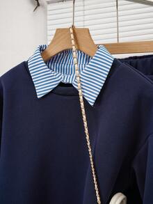 Modelyn 女士条纹拼接卫衣和裤子两件套，优雅时尚 - 彩色 - 查看 9