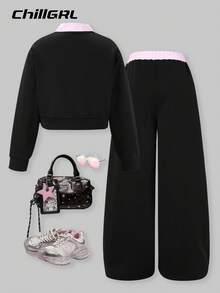 SHEIN ChillGRL 2件套少女Romweezy宽松休闲拼接撞色二合一衬衫式V领短款卫衣搭配宽松休闲阔腿撞色拼接裤套装，适合日常、通勤、休闲、度假、聚会、街拍等场合。 - 黑色 - 查看 2