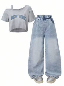 SHEIN ChillGRL 2 件套 Tween Girl Me 宽松休闲吊带背心印花上衣和浅蓝色牛仔长裤套装，适合日常通勤、休闲、街头风格、与朋友聚会、春夏 - 藍色 - 查看 3