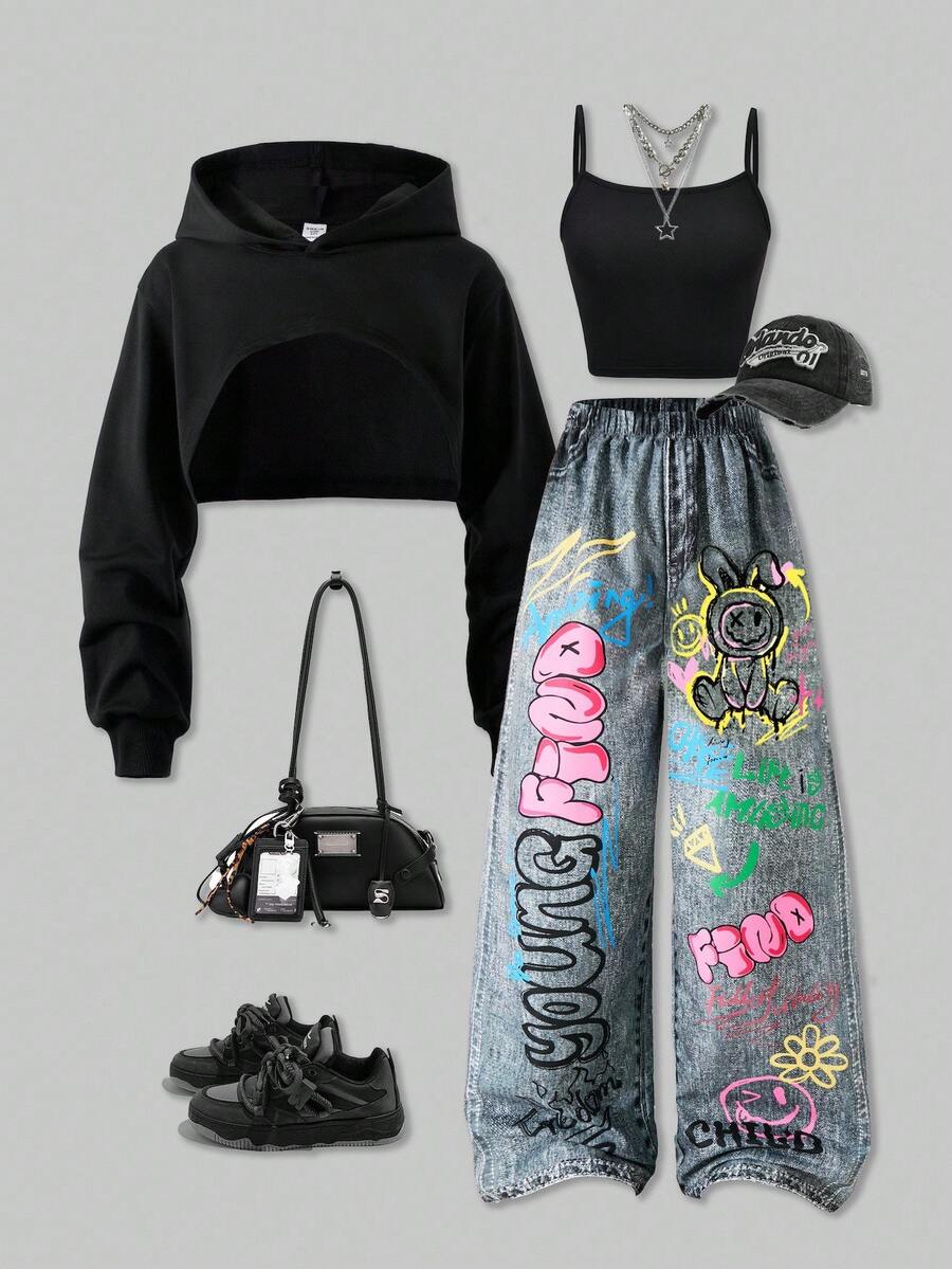 SHEIN ChillGRL Streecool 儿童休闲青少年女孩宽松街头风格牛仔印花裤、短款吊带背心、长袖连帽网眼衬衫三件套服装，时尚